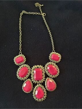 Gold-Tone Statement Necklace with Red Gemstones